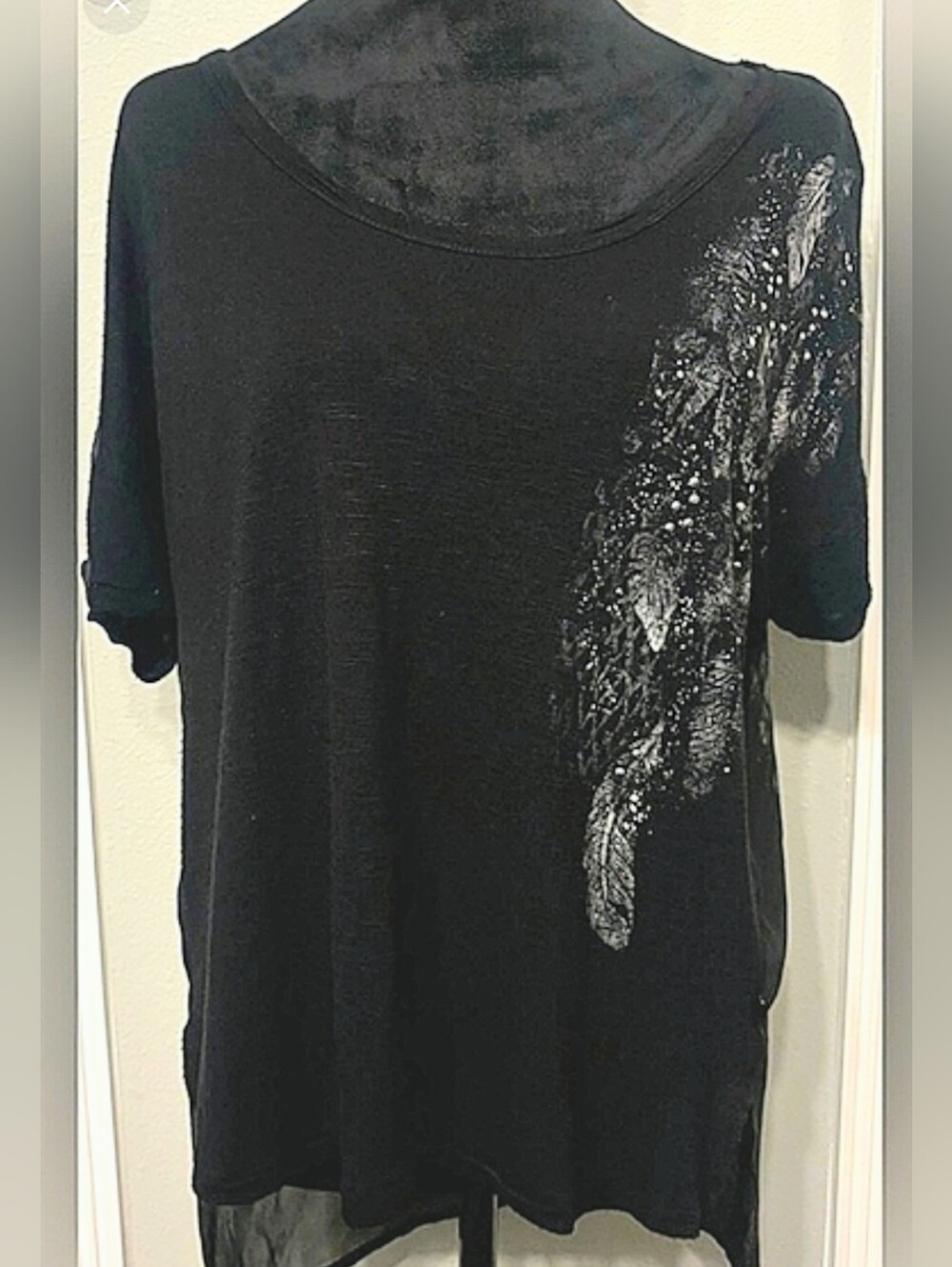 💜5/$24💜Large Women's Top. Sheer Back With Feathers!